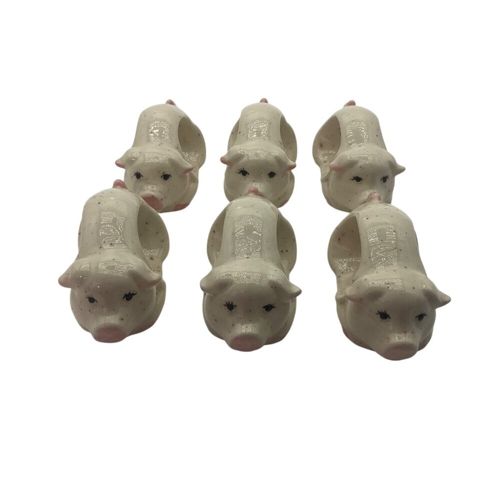 Vintage Lot Set Of 6 Ceramic Pig Napkin Holders Hand-Painted Cottage Farm House